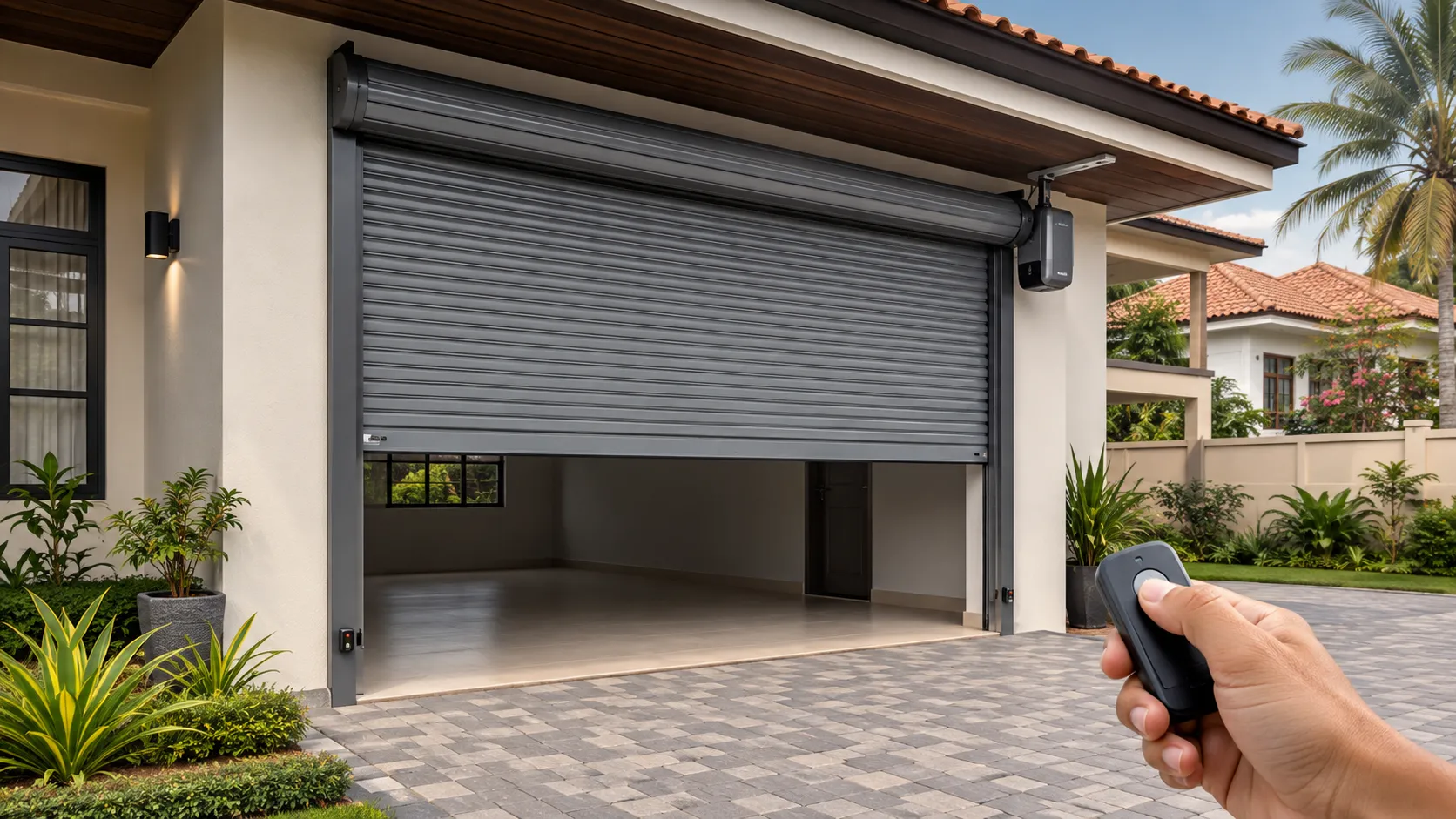 Illustration of a hand holding a remote beside a partially open motorised roller door at a Sri Lankan home.