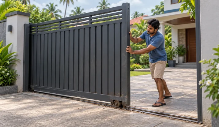 Sri Lankan homeowner struggling to open a manual metal sliding gate with a worn wheel on the ground track.