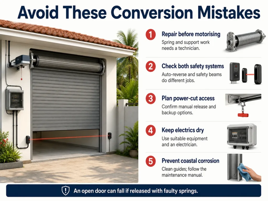 Roller door at a Sri Lankan home with five reminders covering repairs, safety systems, power-cut access, electrical protection, and corrosion prevention.
