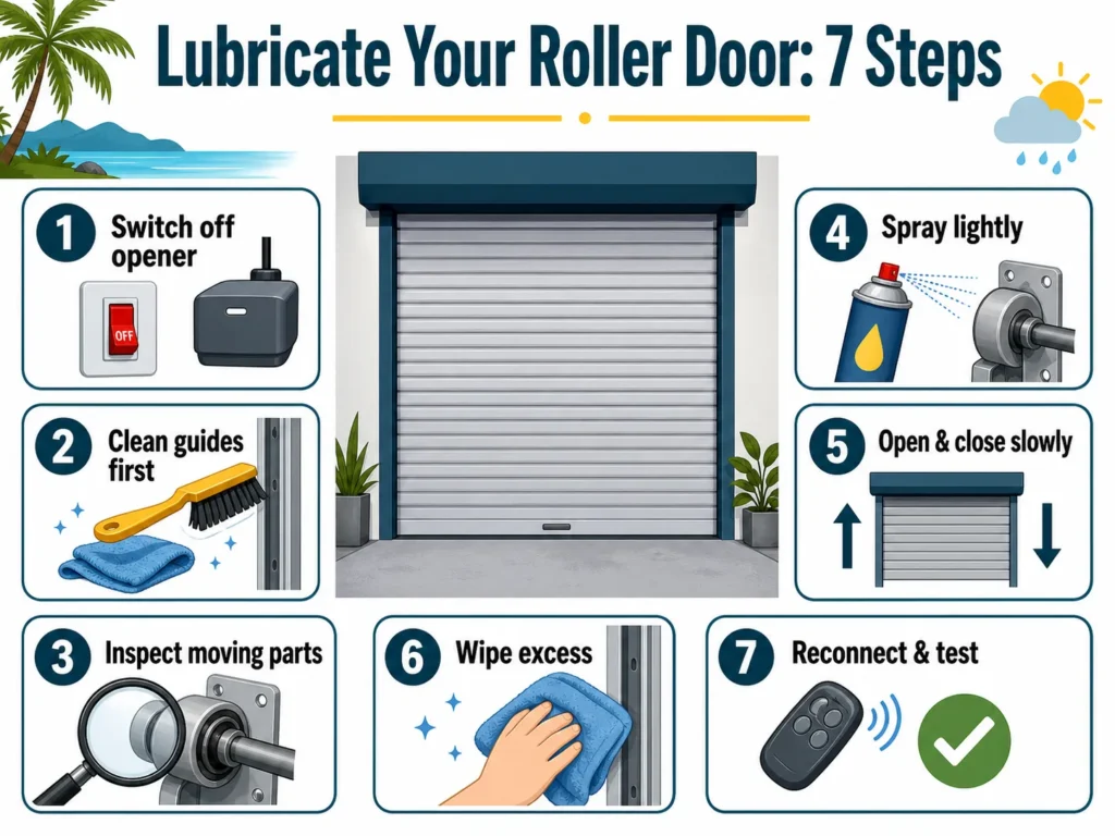 Infographic showing seven steps to lubricate a roller door, including switching off the opener, cleaning guides, inspecting parts, spraying lightly, opening and closing slowly, wiping excess, and reconnecting the motor.