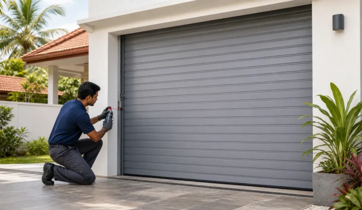 Technician lubricating the side guide of a grey roller door at a Sri Lankan home in soft daylight.