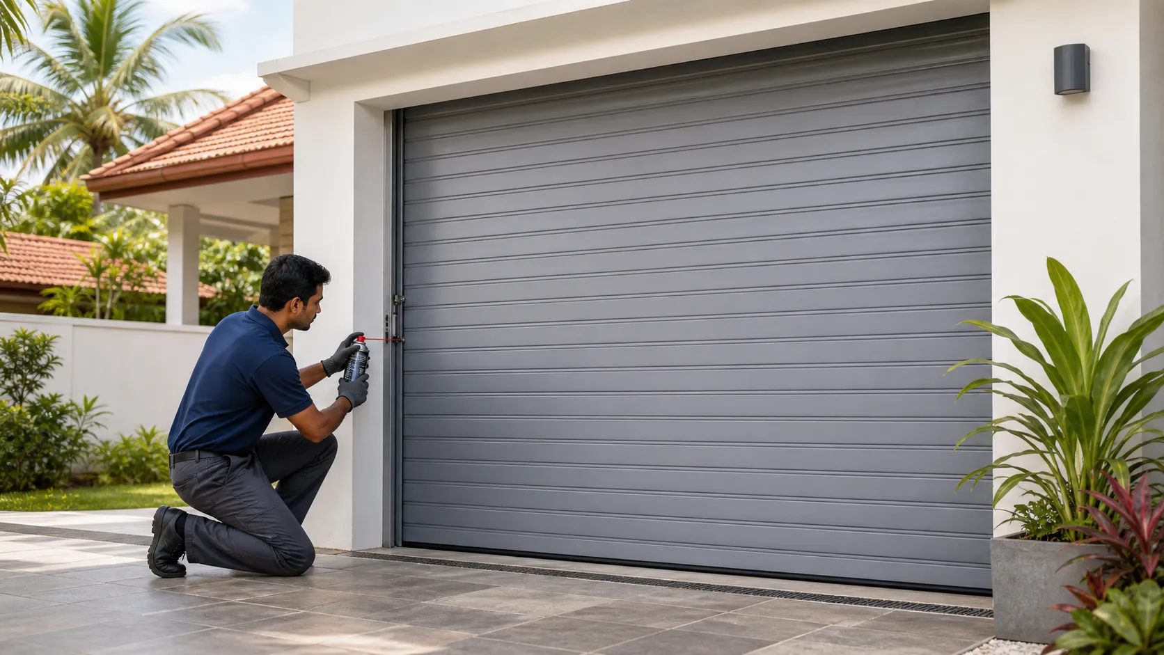 Technician lubricating the side guide of a grey roller door at a Sri Lankan home in soft daylight.