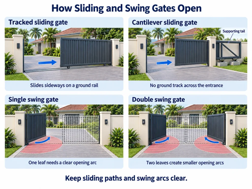 Infographic comparing tracked and cantilever sliding gates with single and double swing gates, showing movement directions and clearance areas.
