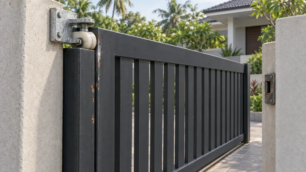 Tight guide roller rubbing against a manual sliding gate frame beside a misaligned receiving latch.