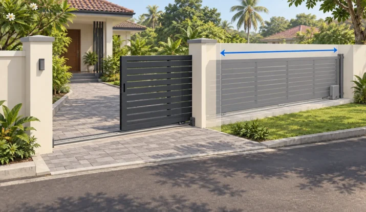 Sliding gate at a Sri Lankan home, with a cutaway boundary wall and blue arrow highlighting the side space for opening.