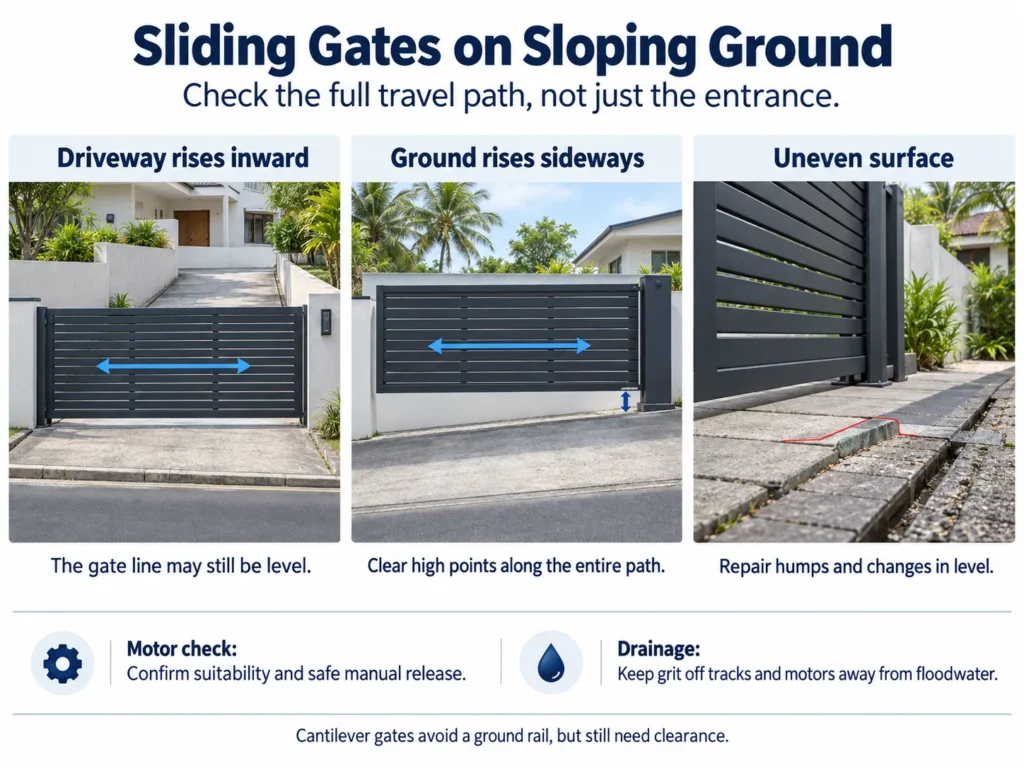 Sliding gate illustrations showing an inward-sloping driveway, sideways-rising ground, and uneven paving, with travel and clearance guidance.