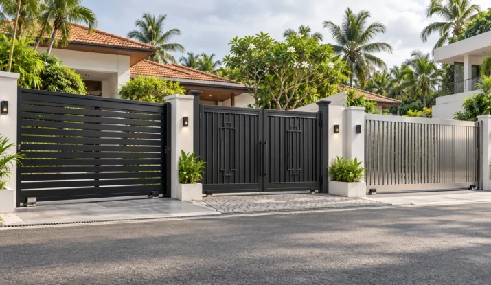 Aluminium sliding gate, mild steel double swing gate and stainless steel sliding gate outside modern Sri Lankan homes.