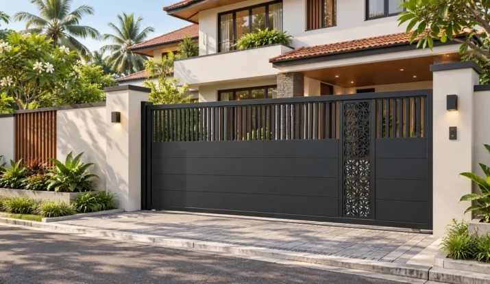 Modern Sri Lankan home with a charcoal gate combining solid privacy panels, open vertical slats and a decorative geometric insert.