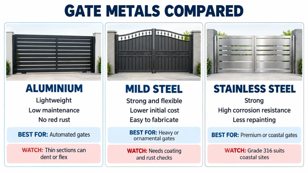 Infographic comparing aluminium, mild steel and stainless steel gates by weight, maintenance, corrosion resistance, cost and recommended use.