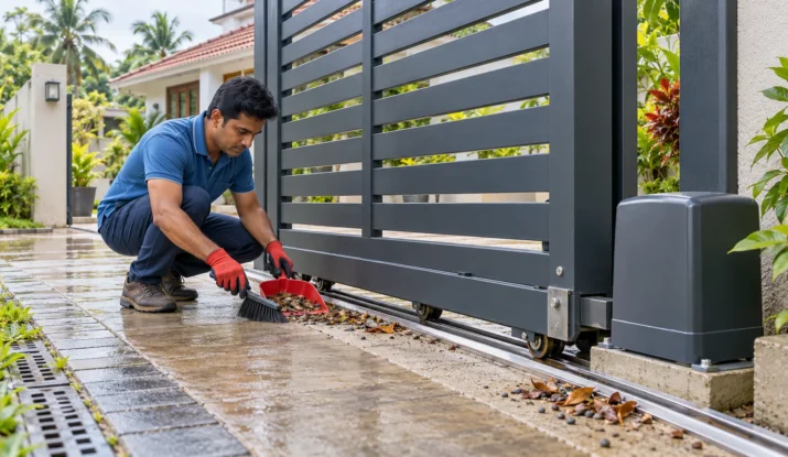 Sri Lankan homeowner safely sweeping stones and leaves from the ground track of a modern automatic sliding gate.