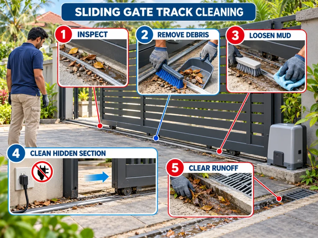 Five-step infographic showing how to inspect and clean a sliding gate track, remove stones and mud, reach hidden sections safely, and clear runoff.
