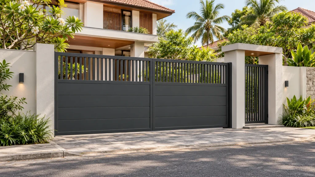 Modern Sri Lankan home with a charcoal mixed-infill gate featuring solid lower panels and open vertical slats above.